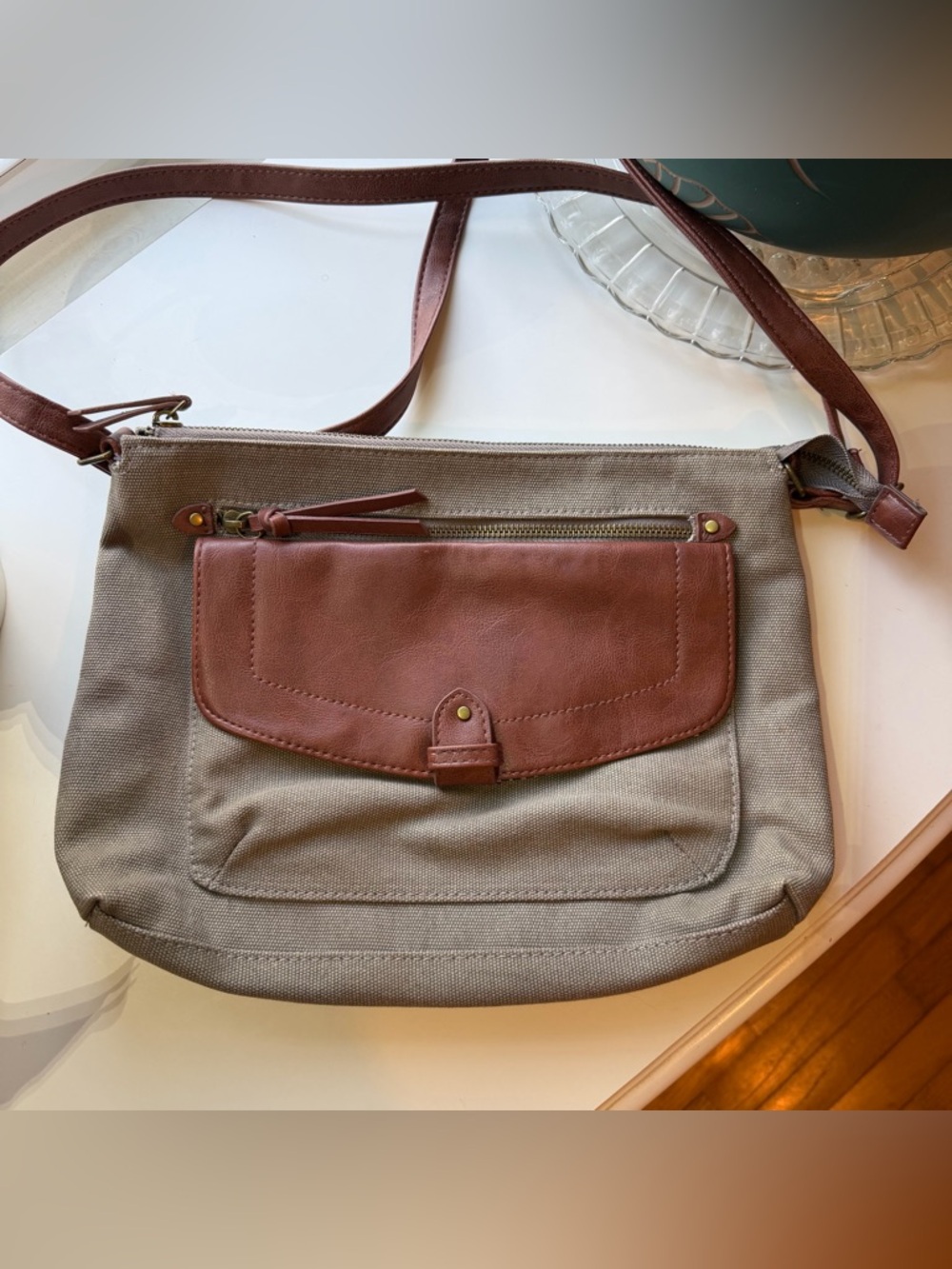 Canvas Crossbody Bag with Brown Faux Leather Trim